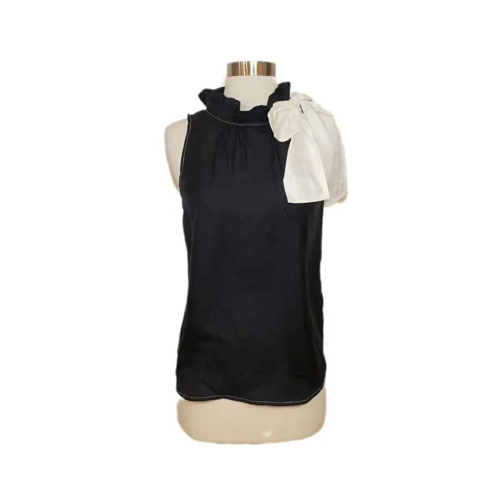 NWT J. Crew Collection XS Silk Twill Black Sleeveless Top with Fixed White Bow